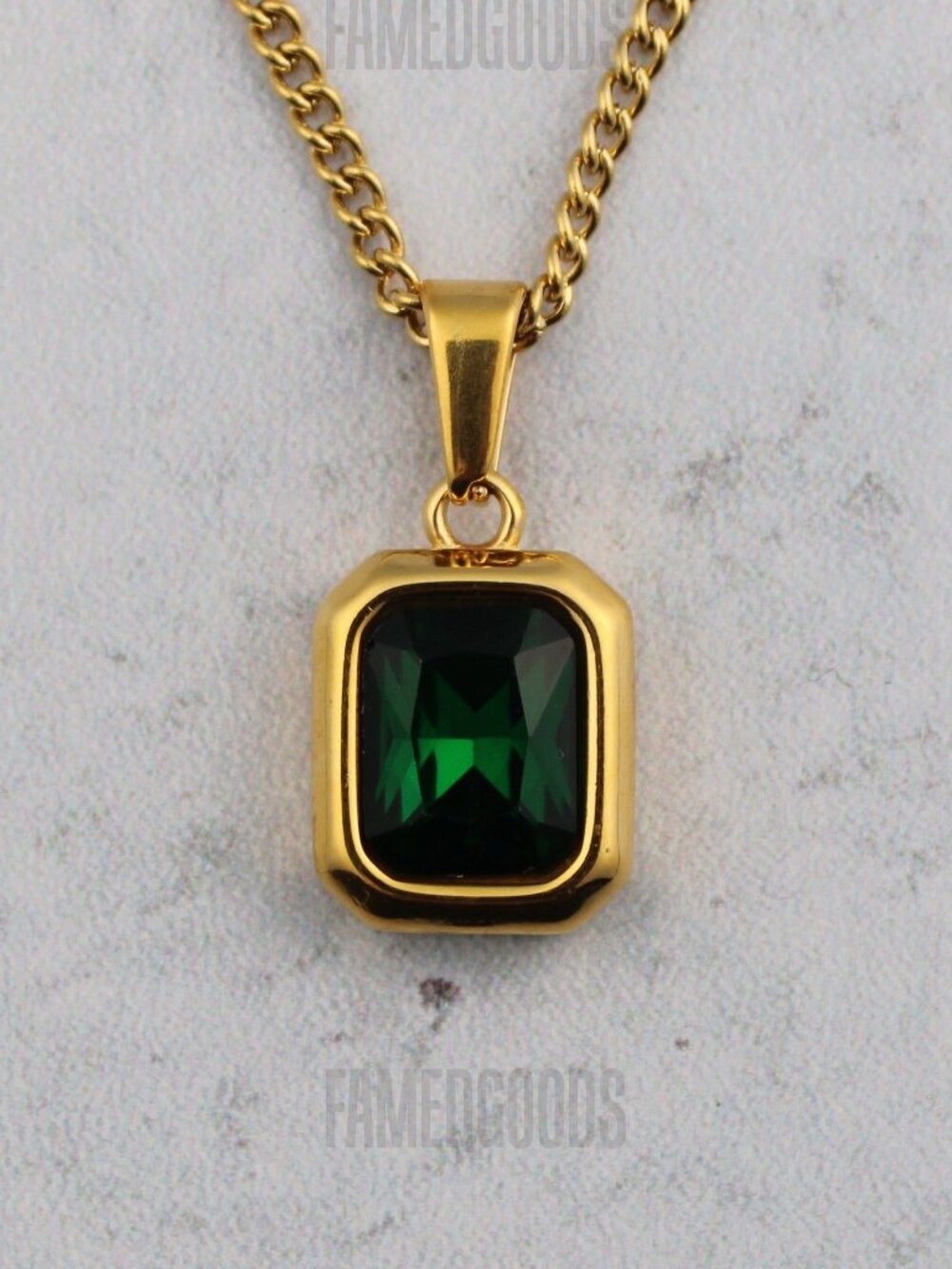 Gold Emerald Cubic Zirconia Pendant Chain Necklace